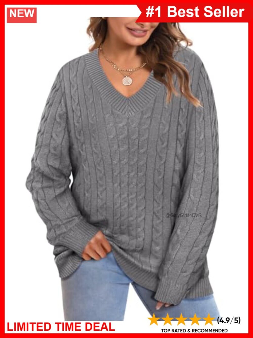 Plus Size Cable Knit V-Neck Long Sleeve Pullover Sweater